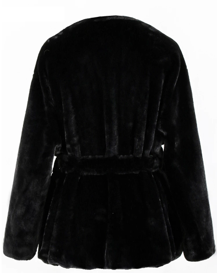 מעיל פרווה שחור עם חגורה
